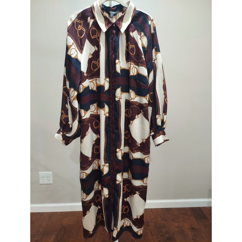 Lauren Ralph Lauren Equestrian Print Shirt Dress Burgundy Navy 16W Old Money